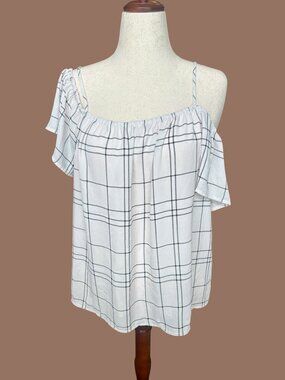 Pleione White & Black Plaid Cold Shoulder Blouse Large